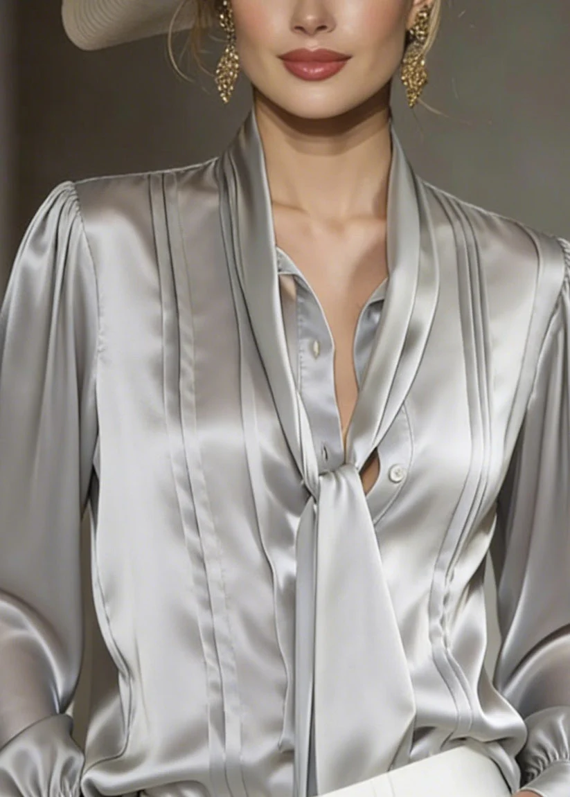 Women Classy Grey Lace Up Wrinkled Silk Blouses Spring - Image 2