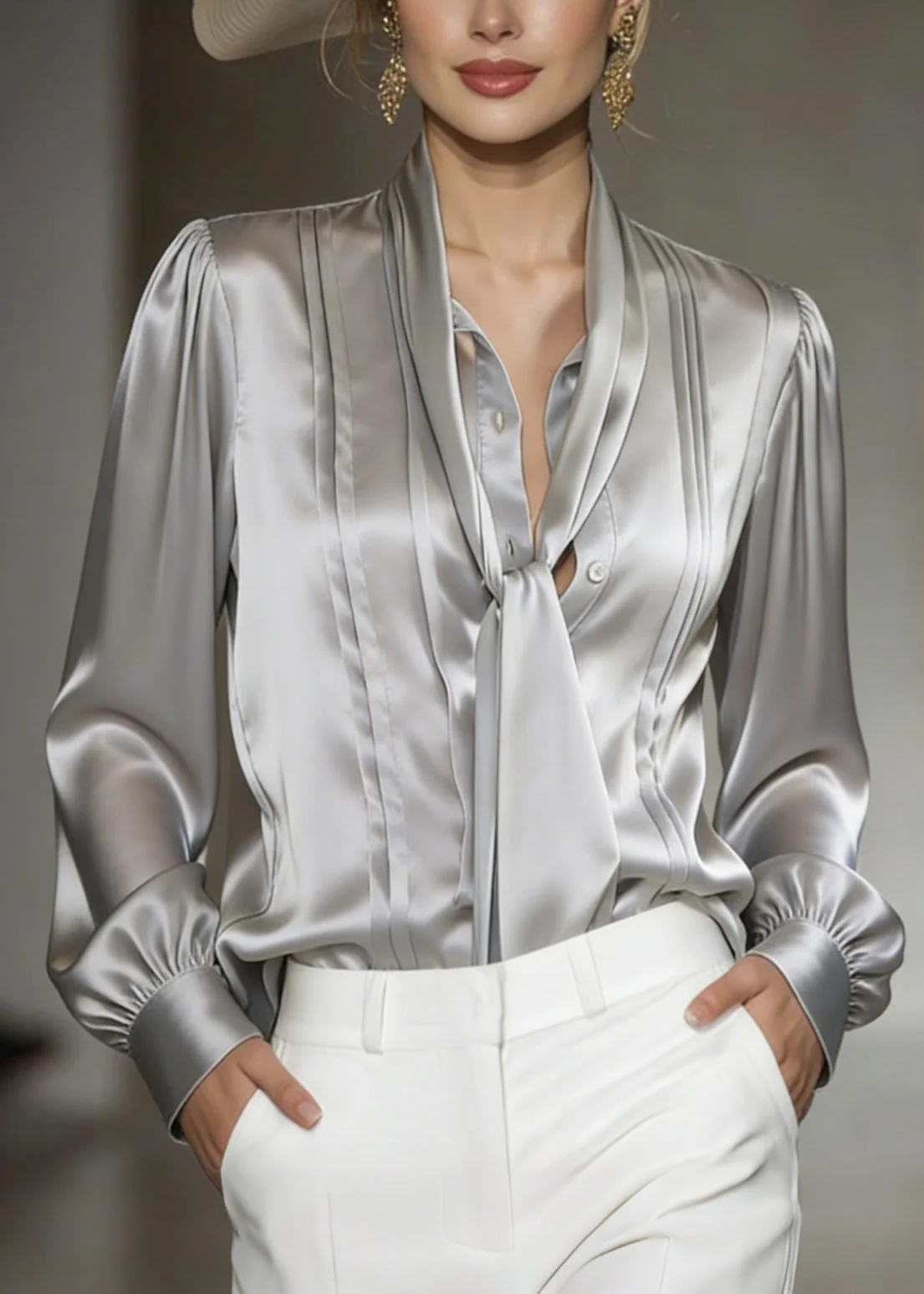 Women Classy Grey Lace Up Wrinkled Silk Blouses Spring - Image 5