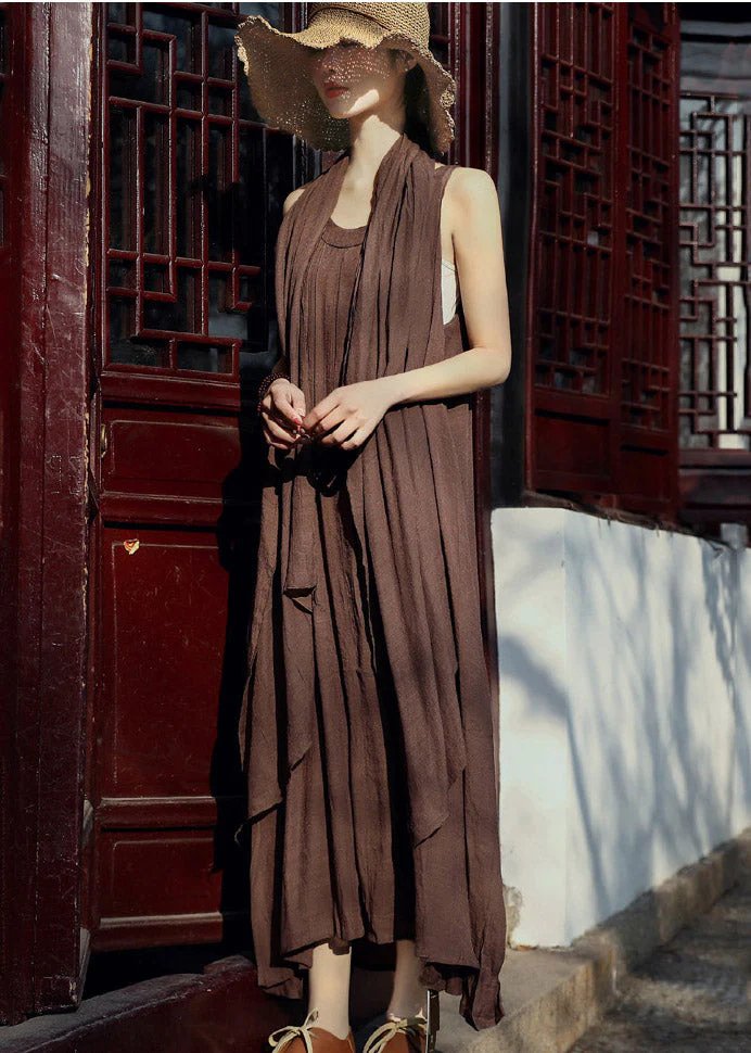 Women Chocolate Asymmetrical Linen Spaghetti Strap Dress And Shawl Two Pieces Set Summer - Image 3