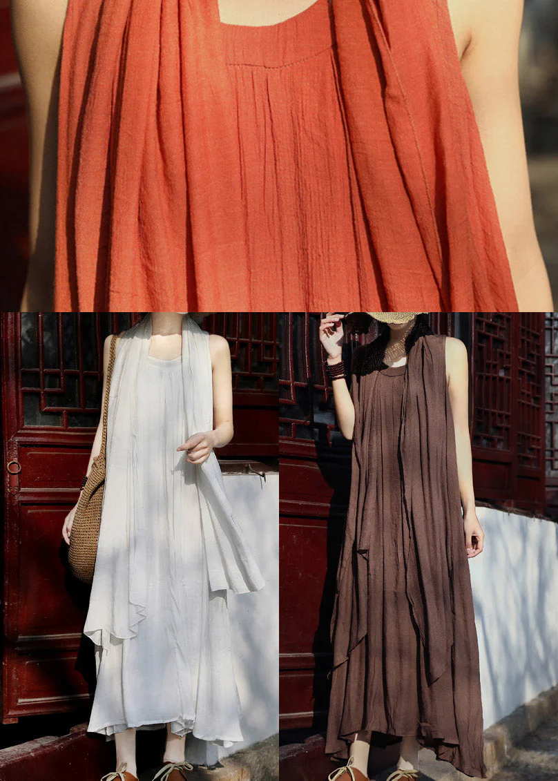 Women Chocolate Asymmetrical Linen Spaghetti Strap Dress And Shawl Two Pieces Set Summer - Image 5