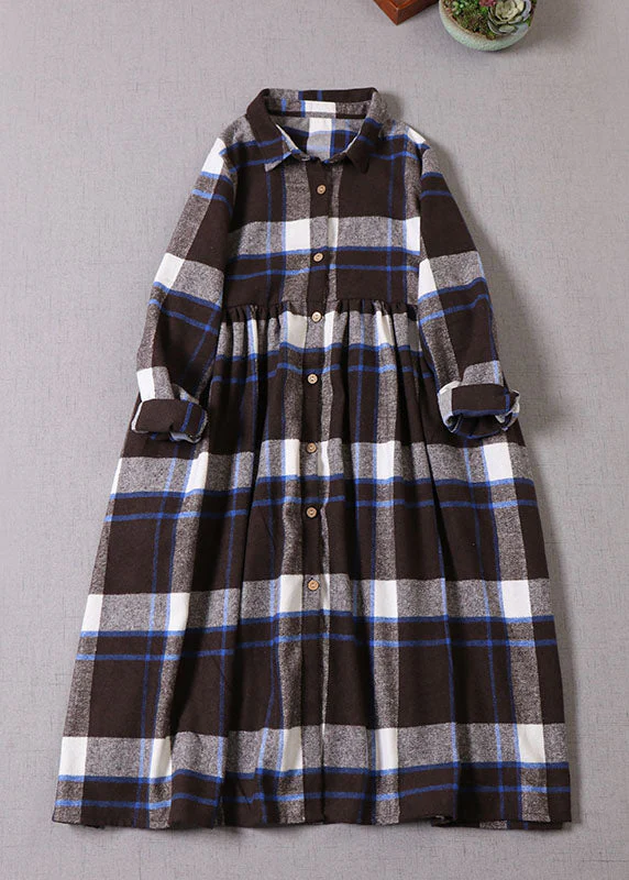 Women Chocolate Blue Plaid Button Cotton Dress Winter