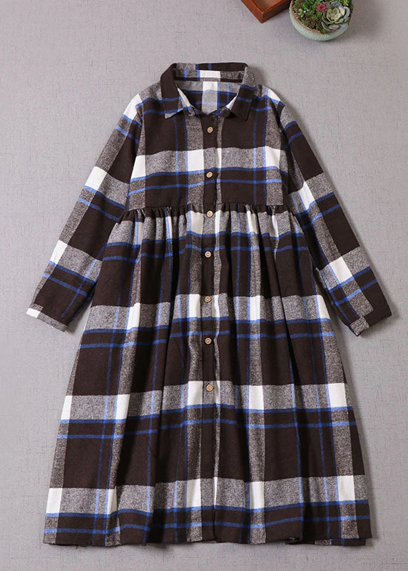 Women Chocolate Blue Plaid Button Cotton Dress Winter - Image 2