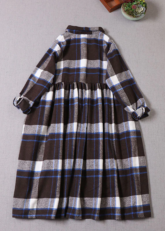 Women Chocolate Blue Plaid Button Cotton Dress Winter - Image 3