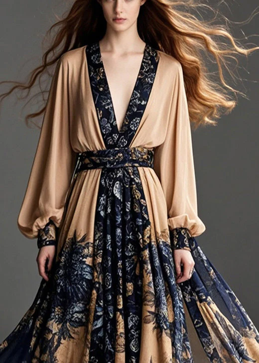 Women Coffee Cinched Print Chiffon Party Dress Exra Large Hem Spring - Image 2