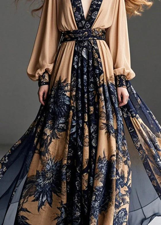Women Coffee Cinched Print Chiffon Party Dress Exra Large Hem Spring - Image 4