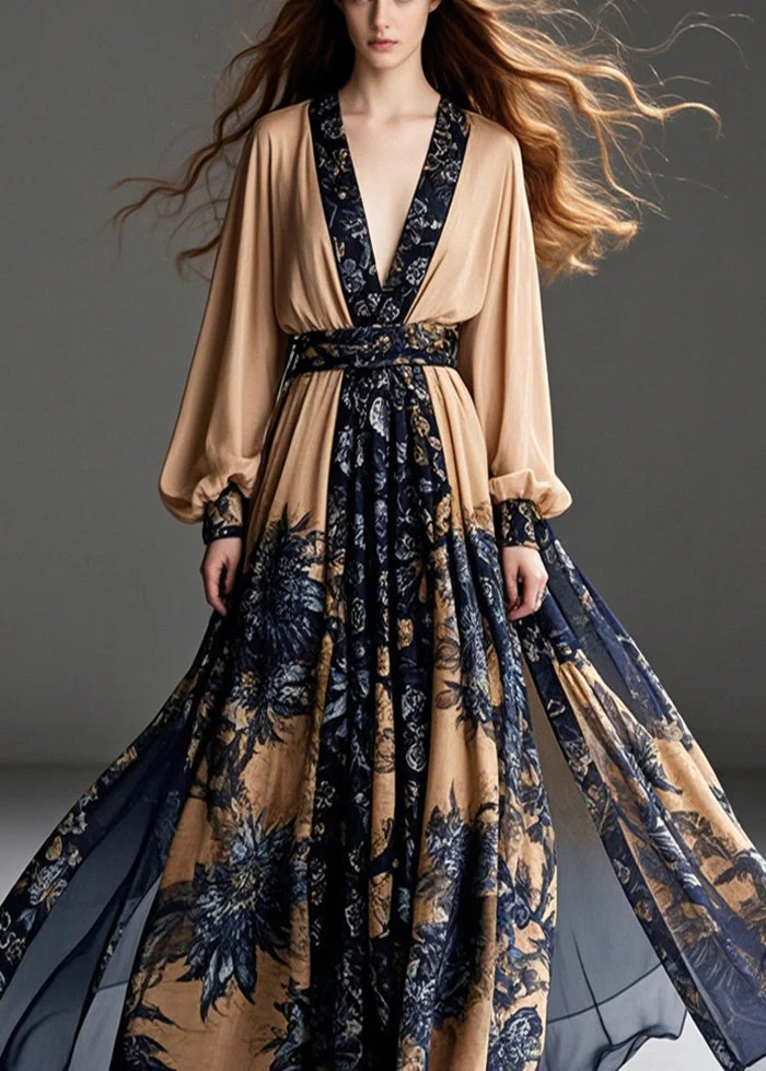 Women Coffee Cinched Print Chiffon Party Dress Exra Large Hem Spring - Image 5