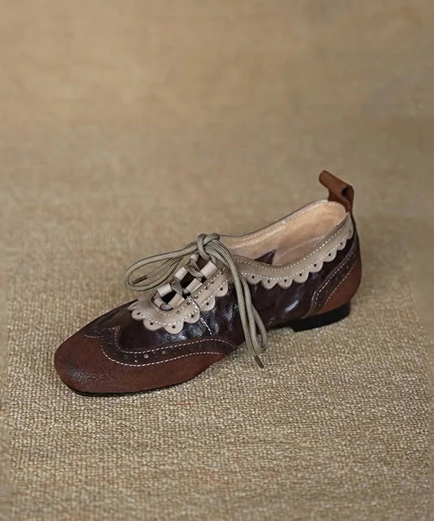Women Coffee Cowhide Leather Splicing Suede Flat Shoes Lace Up - Image 3