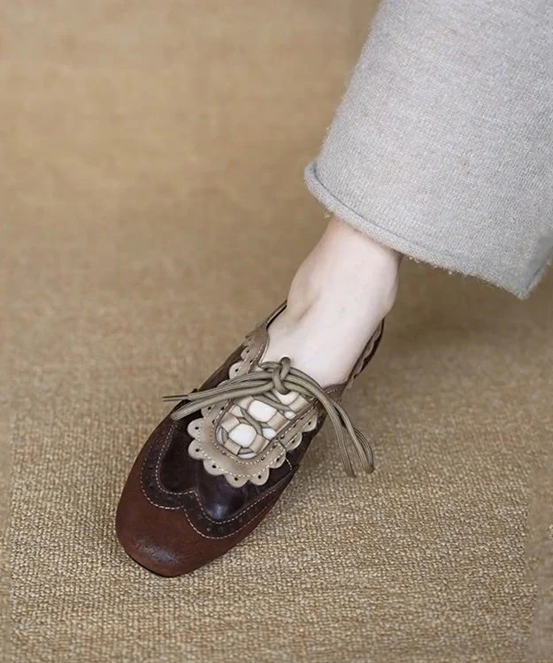 Women Coffee Cowhide Leather Splicing Suede Flat Shoes Lace Up - Image 4