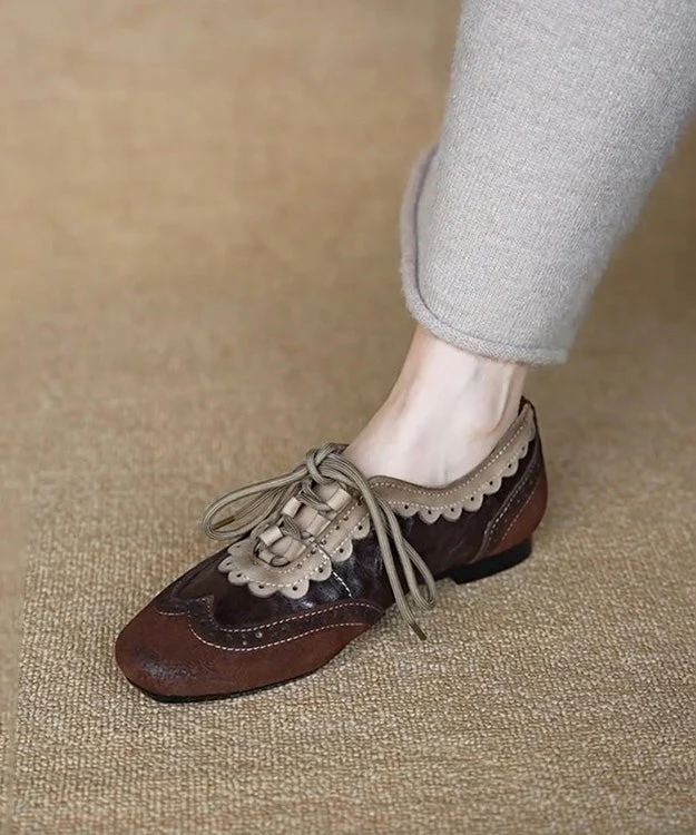 Women Coffee Cowhide Leather Splicing Suede Flat Shoes Lace Up - Image 5