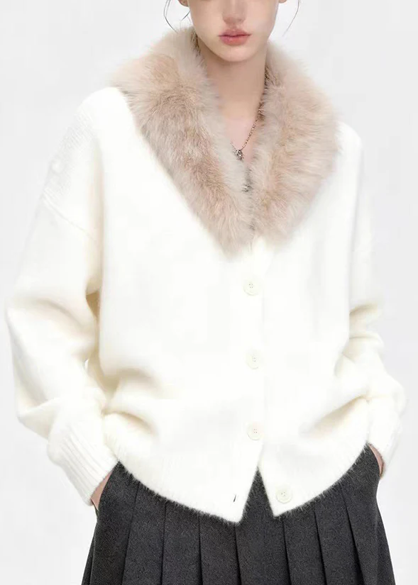 Women Coffee Fur Collar Button Patchwork Knit Coats Spring - Image 2
