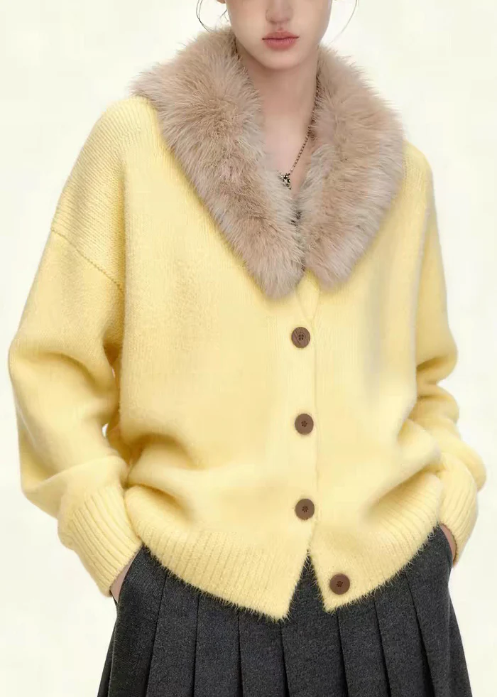Women Coffee Fur Collar Button Patchwork Knit Coats Spring - Image 3