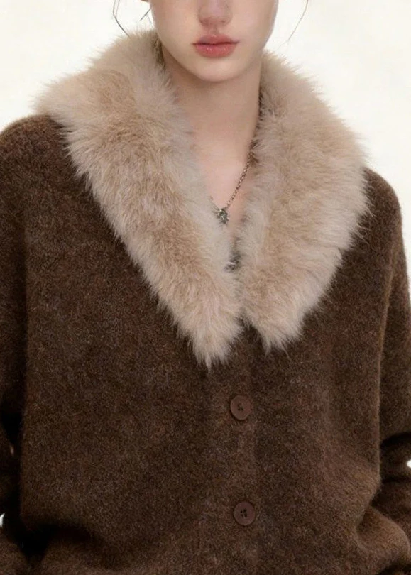 Women Coffee Fur Collar Button Patchwork Knit Coats Spring - Image 4