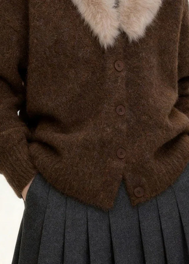 Women Coffee Fur Collar Button Patchwork Knit Coats Spring - Image 5