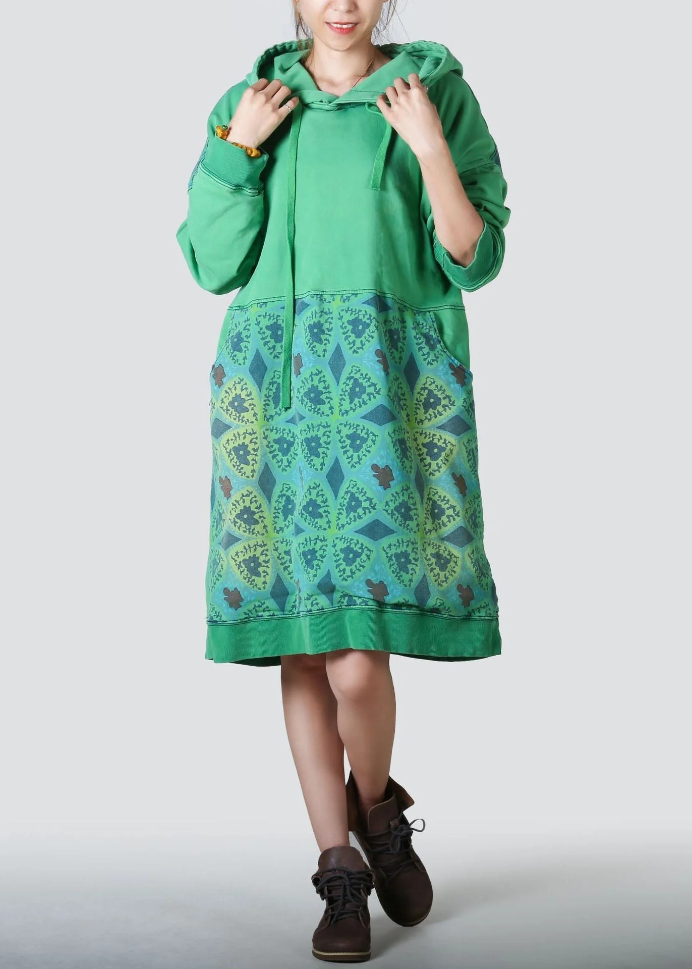 Women Coffee Hooded Patchwork Print Cotton Dresses Spring - Image 2