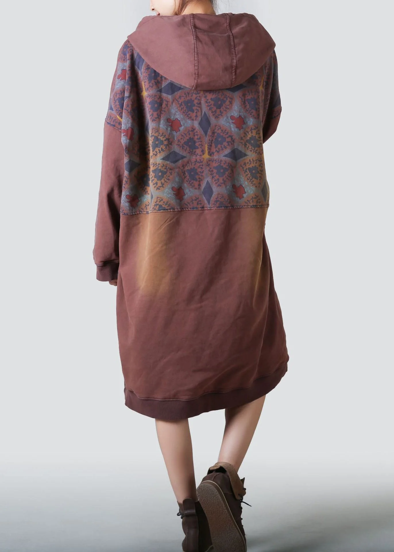 Women Coffee Hooded Patchwork Print Cotton Dresses Spring - Image 5
