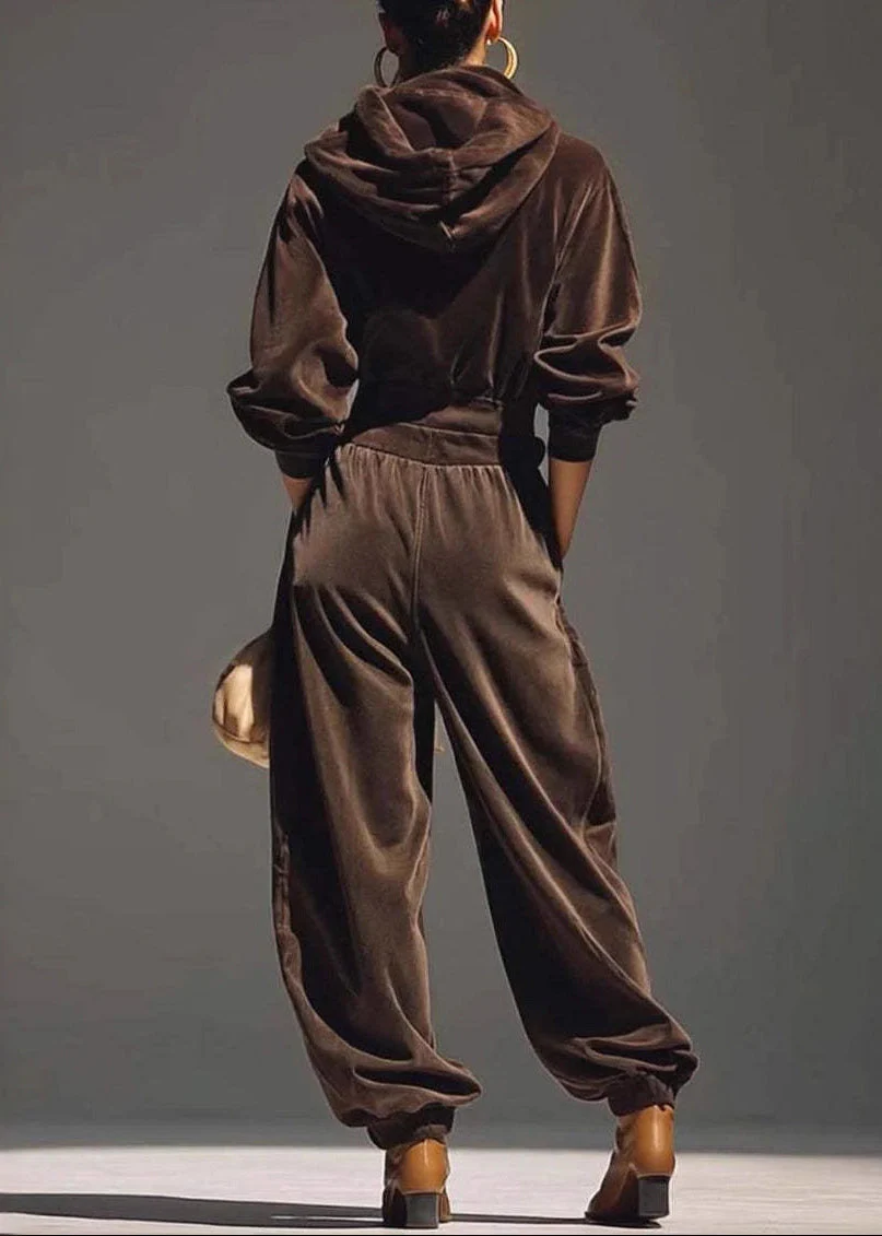 Women Coffee Hooded Pockets Sweatshirt And Pants Silk Velvet Two Pieces Set Spring - Image 5