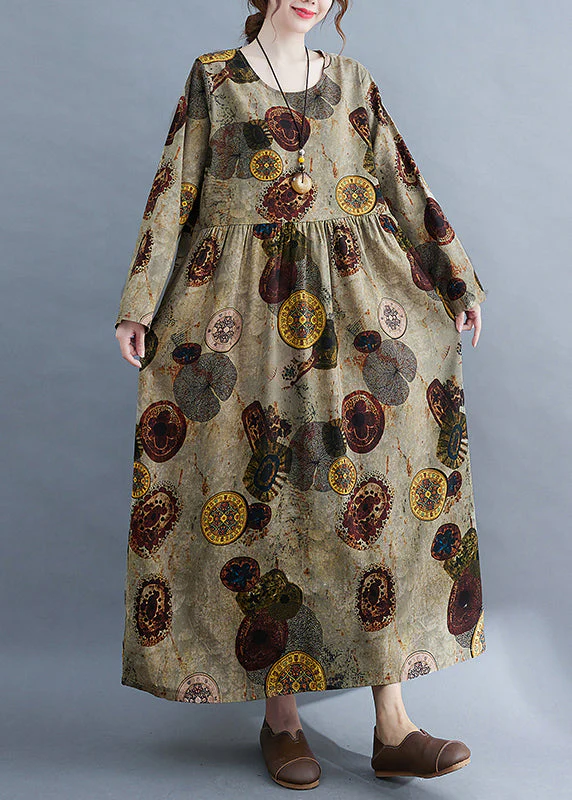 Women Chocolate O-Neck Cinched pockets Print Robe Dresses Long Sleeve - Image 2