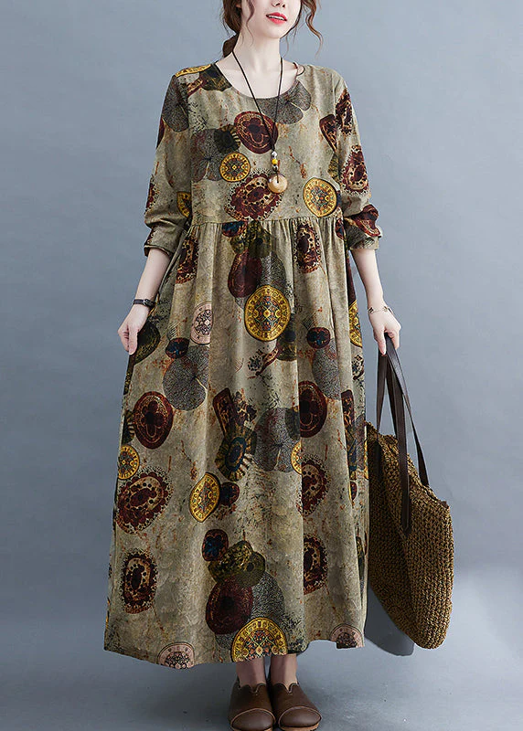 Women Chocolate O-Neck Cinched pockets Print Robe Dresses Long Sleeve - Image 3