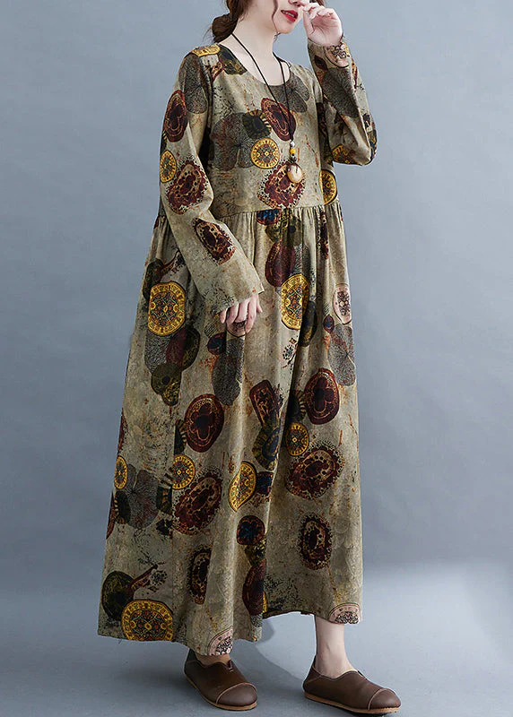 Women Chocolate O-Neck Cinched pockets Print Robe Dresses Long Sleeve - Image 4