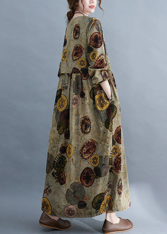 Women Chocolate O-Neck Cinched pockets Print Robe Dresses Long Sleeve - Image 5