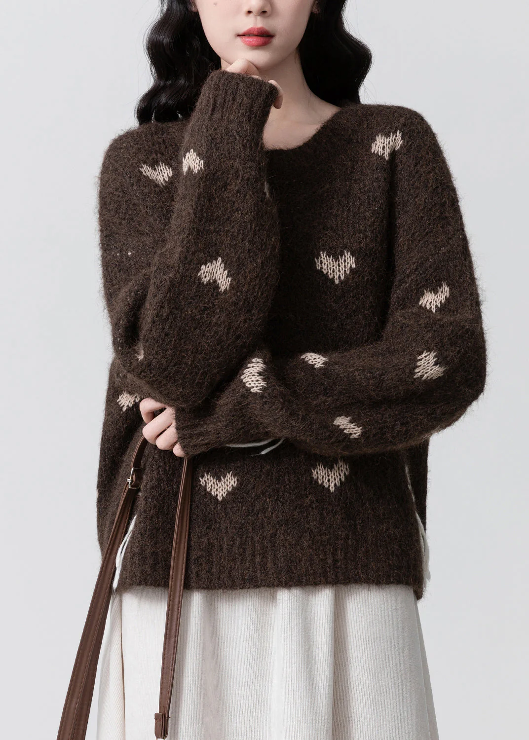 Women Coffee O Neck Jacquard Thick Knit Sweaters Winter - Image 2