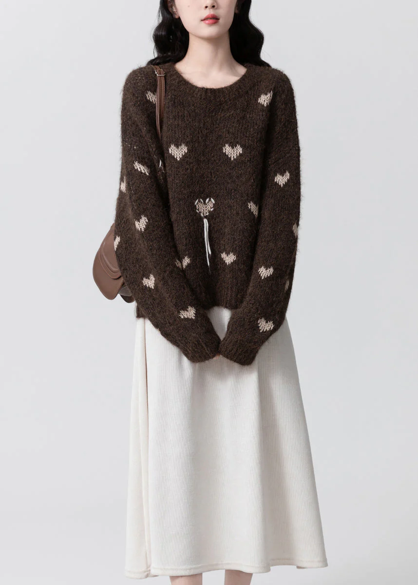Women Coffee O Neck Jacquard Thick Knit Sweaters Winter - Image 4