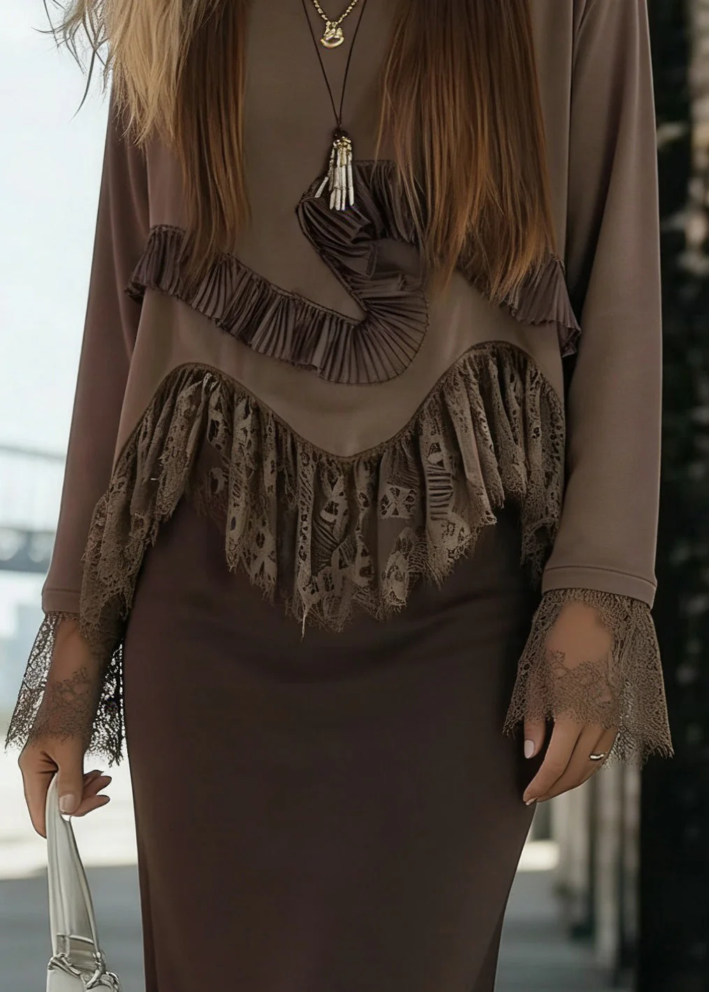 Women Coffee O-Neck Lace Patchwork Tops Flare Sleeve - Image 4