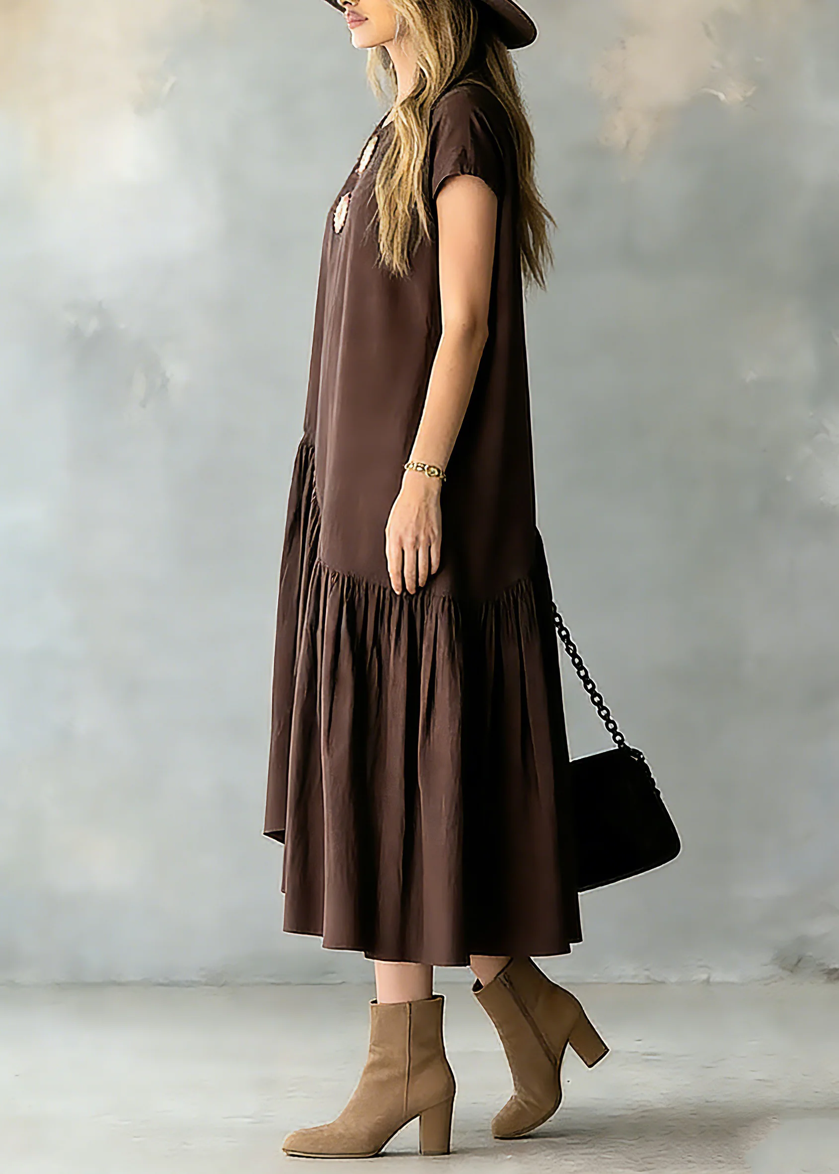 Women Coffee O-Neck Wrinkled Patchwork Long Dresses Short Sleeve - Image 2