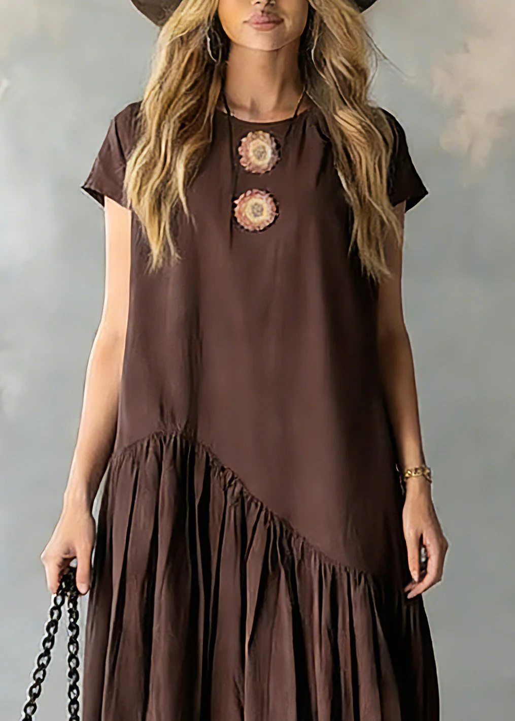 Women Coffee O-Neck Wrinkled Patchwork Long Dresses Short Sleeve - Image 3