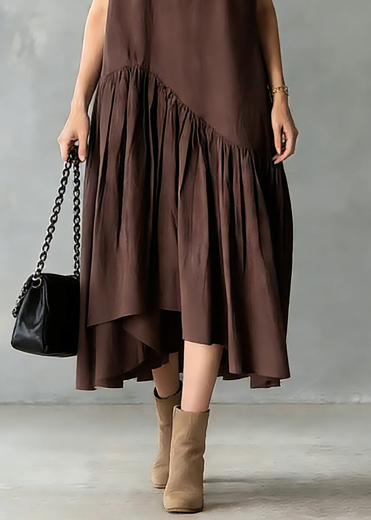 Women Coffee O-Neck Wrinkled Patchwork Long Dresses Short Sleeve - Image 4