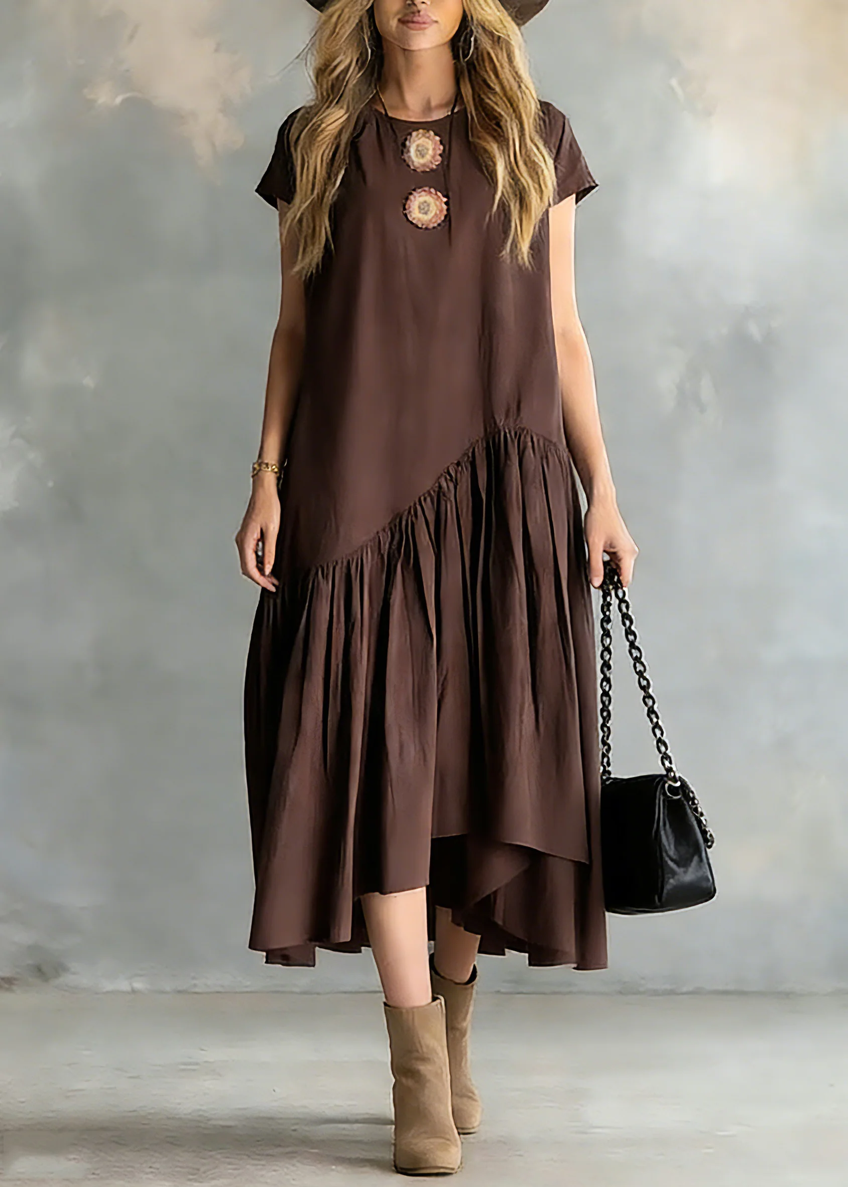 Women Coffee O-Neck Wrinkled Patchwork Long Dresses Short Sleeve - Image 5