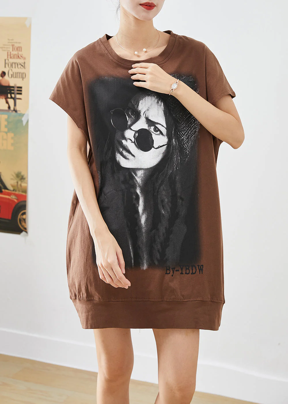 Women Coffee Oversized Print Cotton Maxi Dresses Summer - Image 3