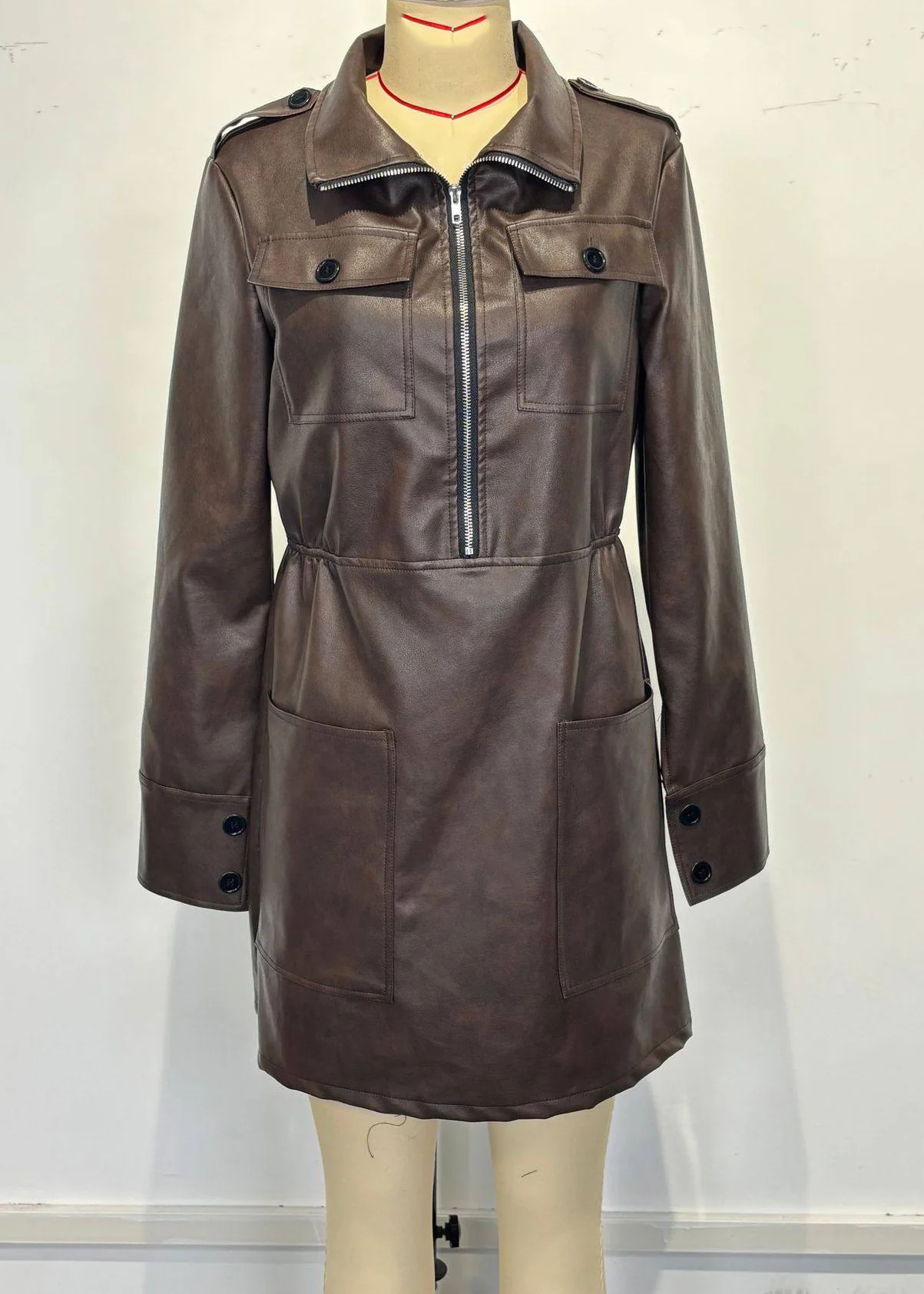 Women Coffee Peter Pan Collar Zippered Patchwork Faux Leather Mid Dress Spring - Image 2