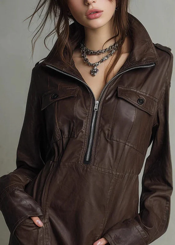 Women Coffee Peter Pan Collar Zippered Patchwork Faux Leather Mid Dress Spring - Image 3