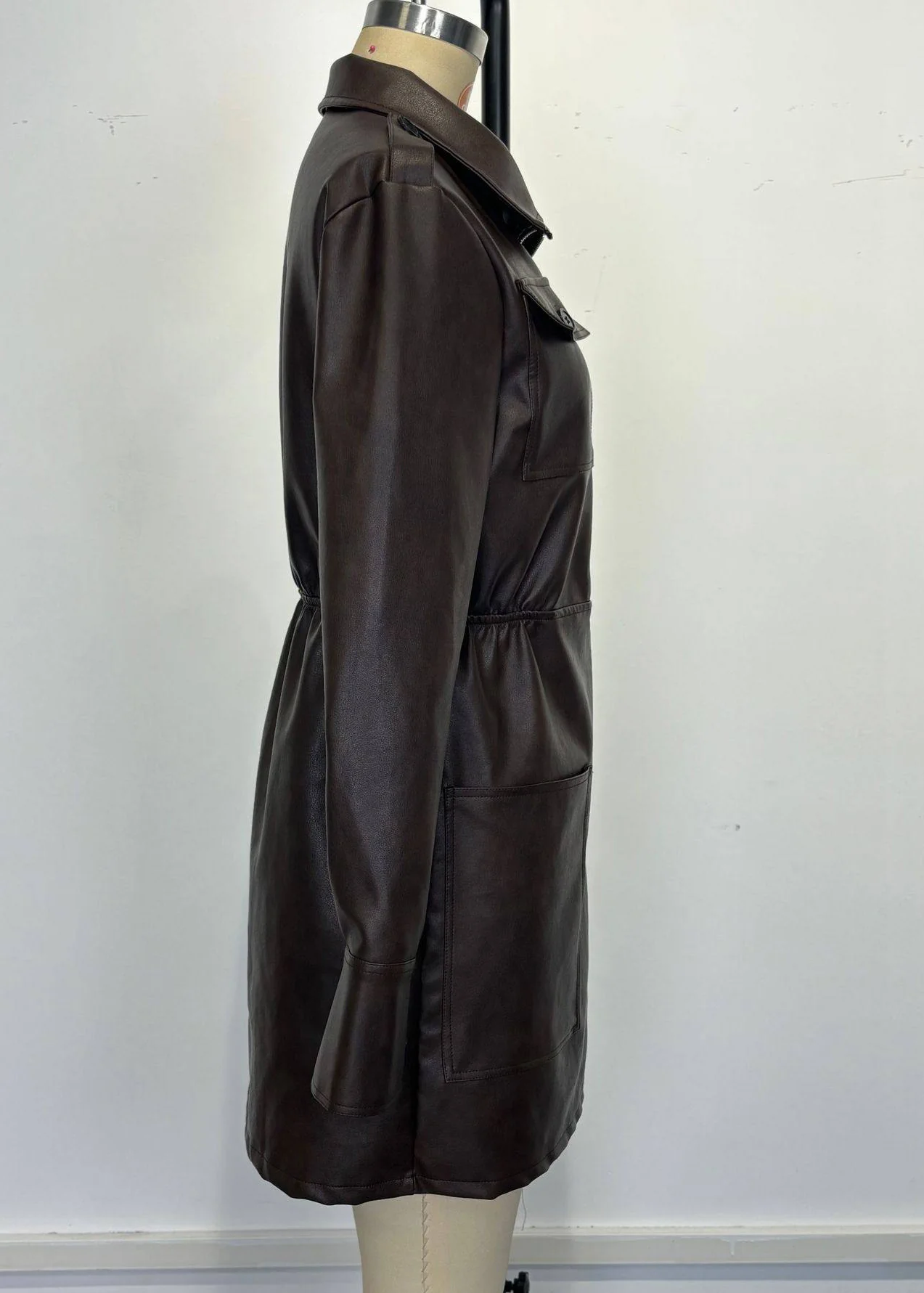 Women Coffee Peter Pan Collar Zippered Patchwork Faux Leather Mid Dress Spring - Image 4