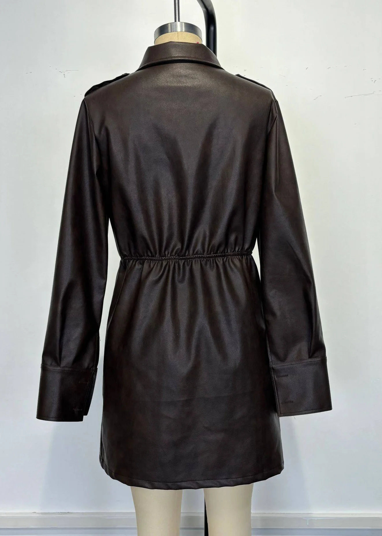 Women Coffee Peter Pan Collar Zippered Patchwork Faux Leather Mid Dress Spring - Image 5