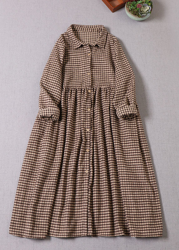 Women Chocolate Plaid Peter Pan Collar Cotton Dress Winter - Image 2