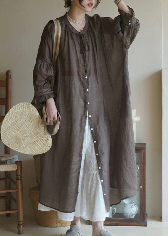 Women Coffee Ruffled Button Cotton Shirt Long Dresses Long Sleeve - Image 2