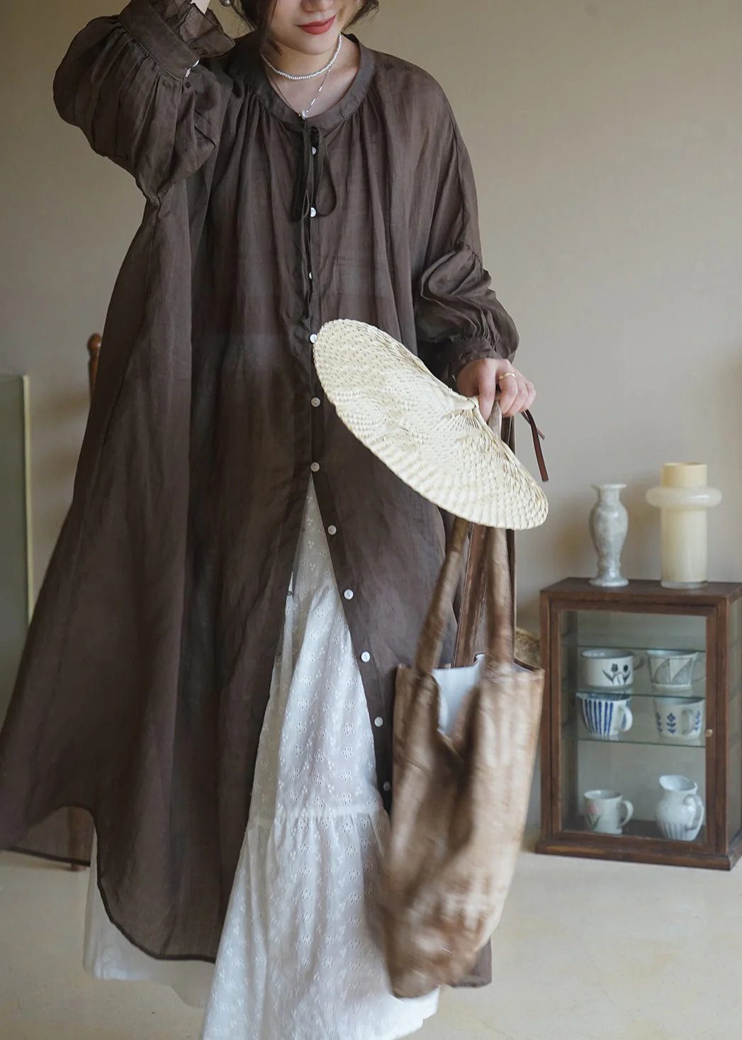 Women Coffee Ruffled Button Cotton Shirt Long Dresses Long Sleeve - Image 3