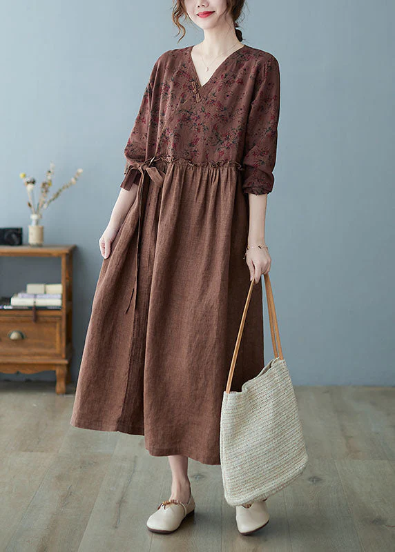 Women Coffee Ruffled Tie Waist Oriental Linen Dresses Spring - Image 2