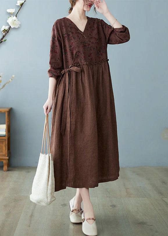 Women Coffee Ruffled Tie Waist Oriental Linen Dresses Spring - Image 3