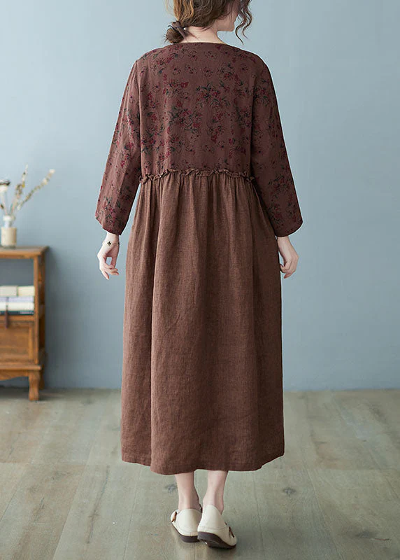 Women Coffee Ruffled Tie Waist Oriental Linen Dresses Spring - Image 4