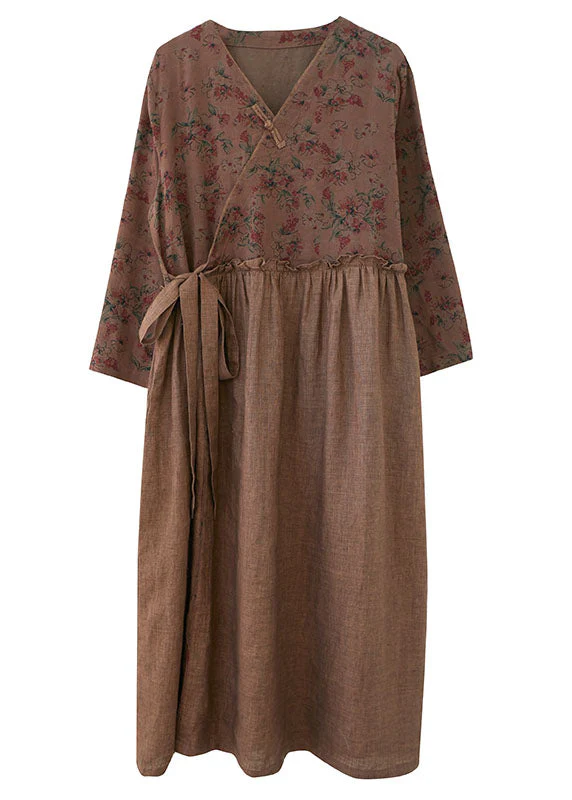 Women Coffee Ruffled Tie Waist Oriental Linen Dresses Spring - Image 5