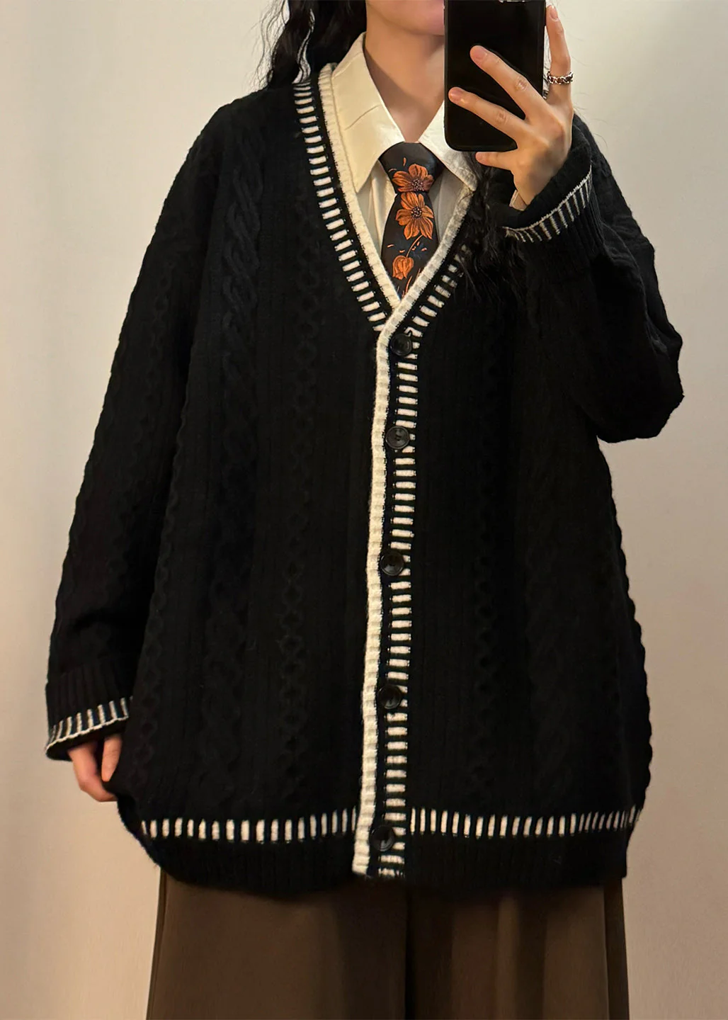 Women Coffee V Neck Button Cozy Cable Knit Coats Spring - Image 2