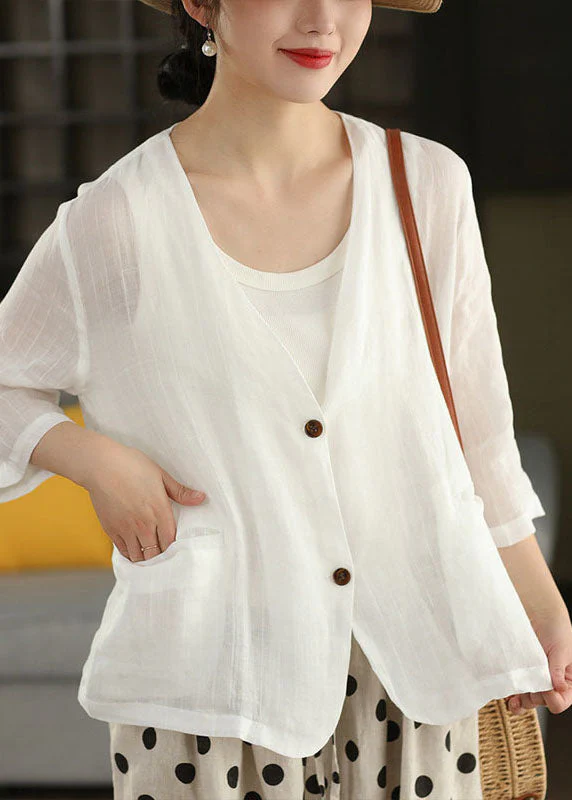 Women Coffee V Neck Pockets Striped Linen Jacket Summer - Image 3