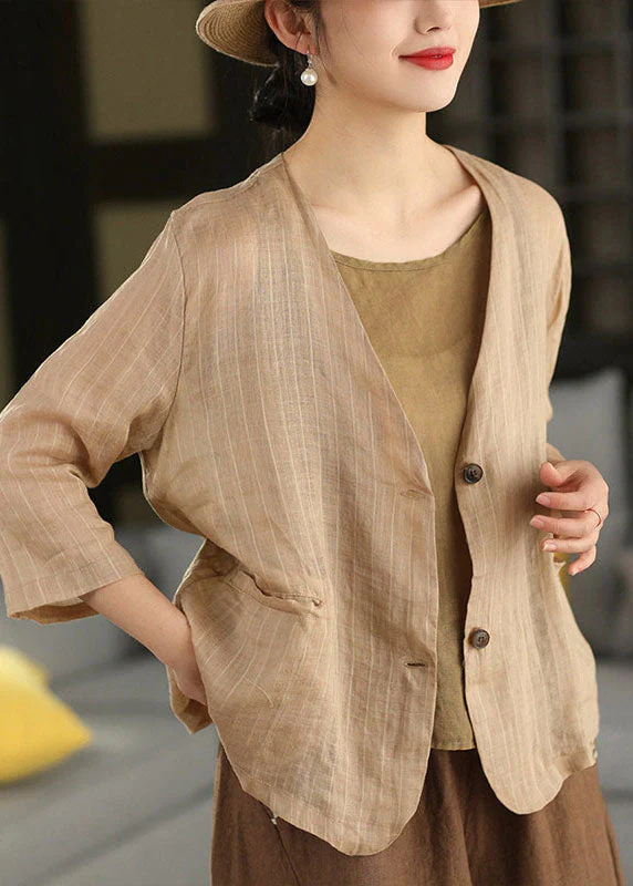 Women Coffee V Neck Pockets Striped Linen Jacket Summer - Image 4