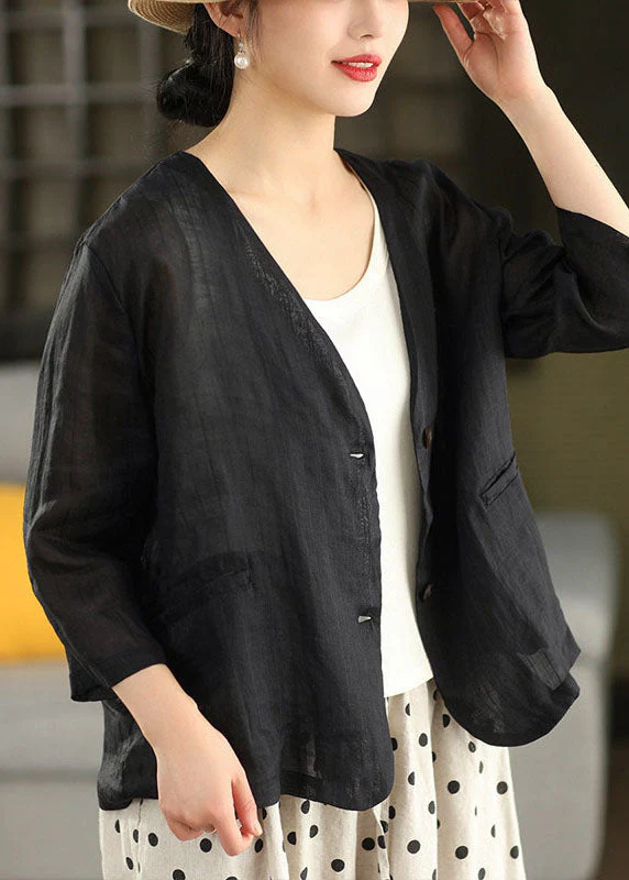 Women Coffee V Neck Pockets Striped Linen Jacket Summer - Image 5