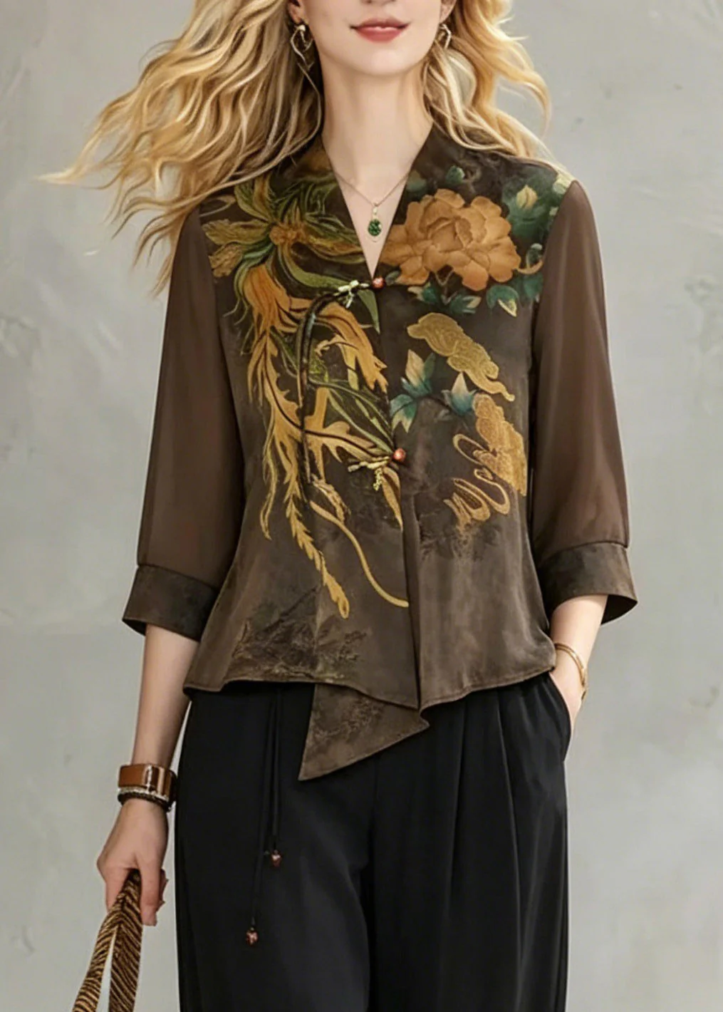Women Coffee V Neck Print Chiffon Tops And Crop Pants Fall - Image 2