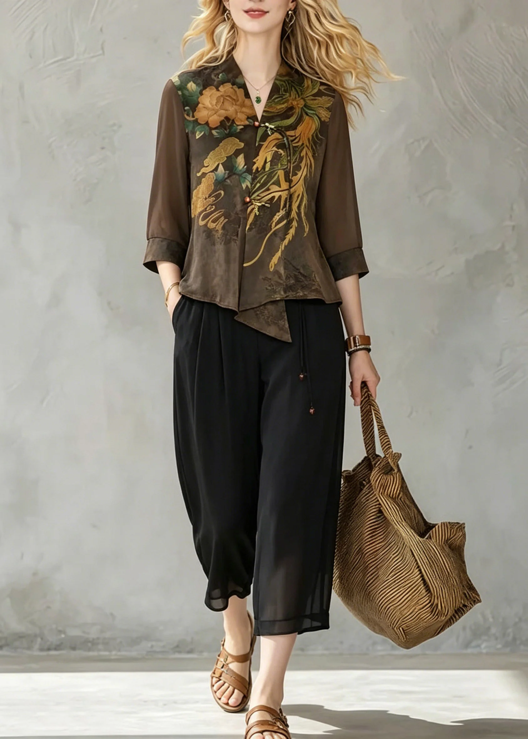 Women Coffee V Neck Print Chiffon Tops And Crop Pants Fall - Image 3