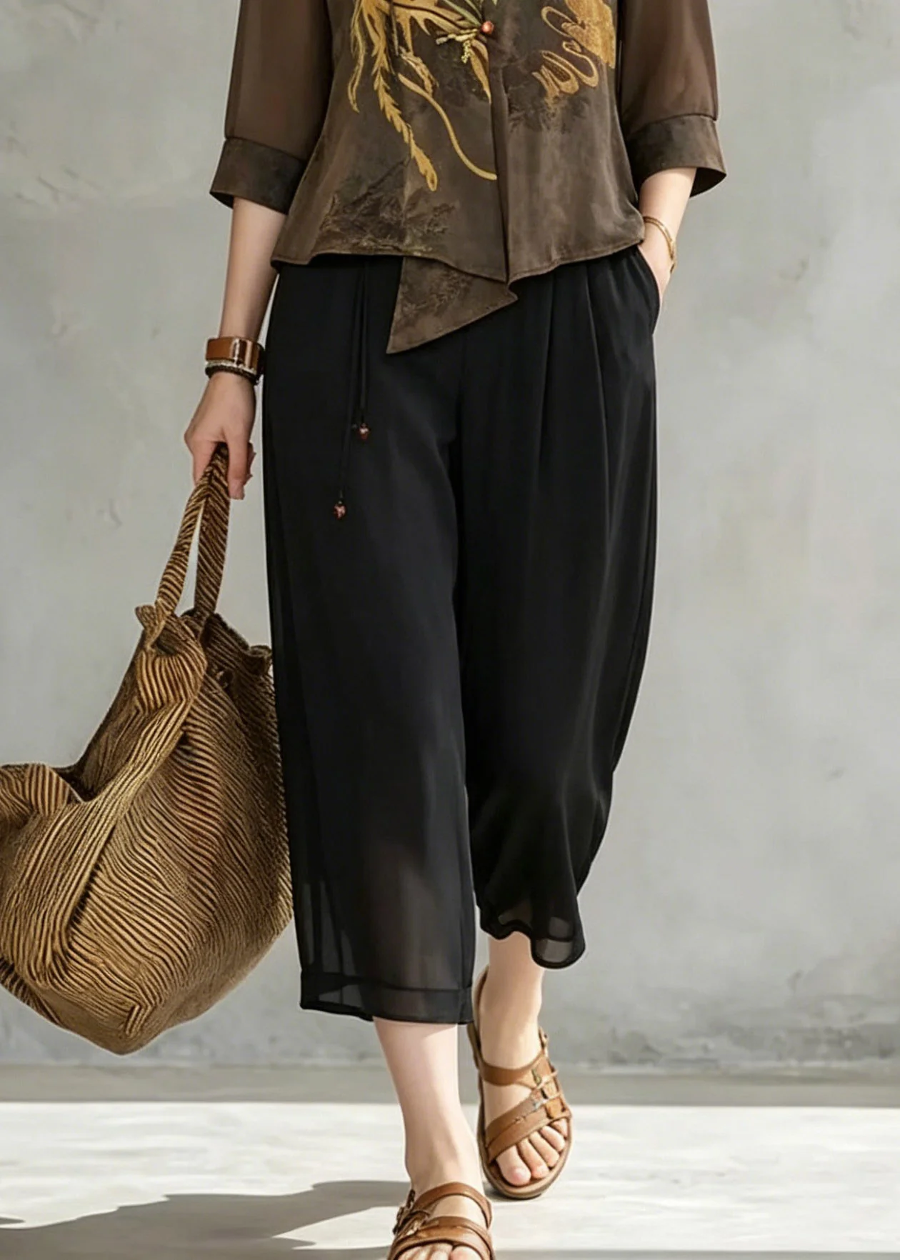 Women Coffee V Neck Print Chiffon Tops And Crop Pants Fall - Image 4